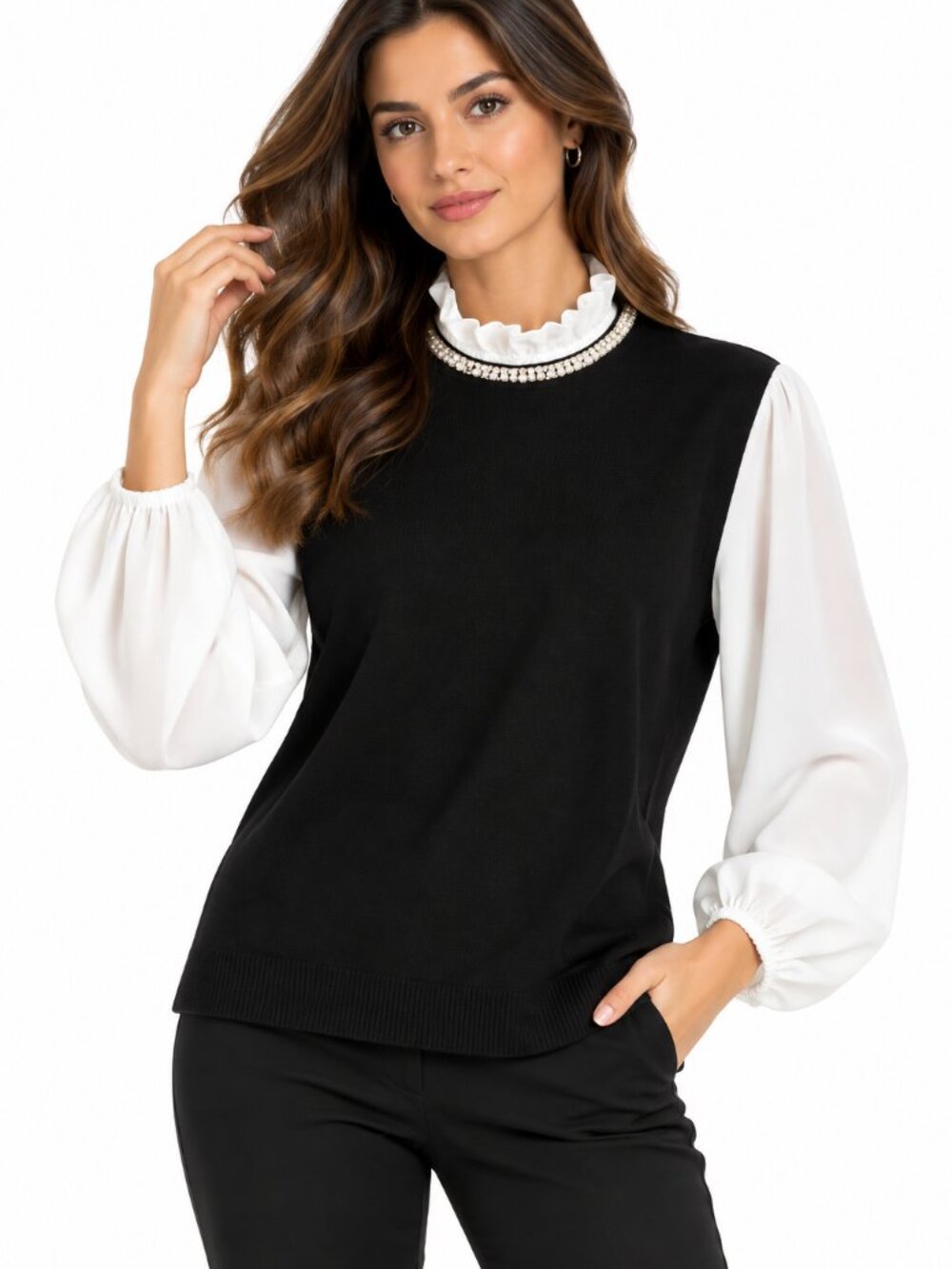 Cable & Gauge Black White Rhinestone Pearl Ruffle Blouse Sweater Top L/XL